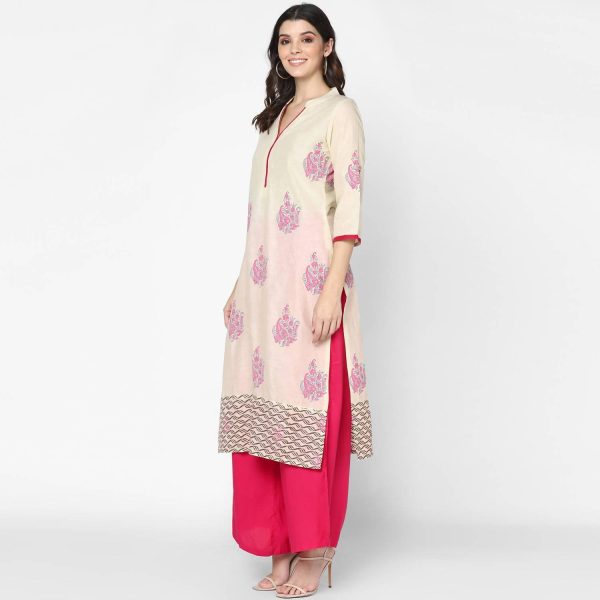 Cheera Hand Block Print Cream & Magenta Straight Kurta With Palazzo (MAAI-087K) Online