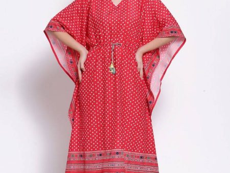 Myshka Women s Red Printed Cotton Blend 3 4 Sleeve V Neck Casual Dress Online now