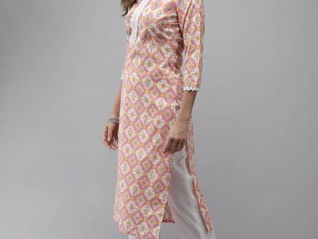 Yufta Women Peach And White Kurta with Trouser Set Online