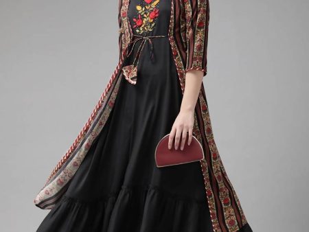 Yufta Women Black & Red Solid Embroidered Detail A-Line Maxi Dress with Ethnic Jacket Cheap