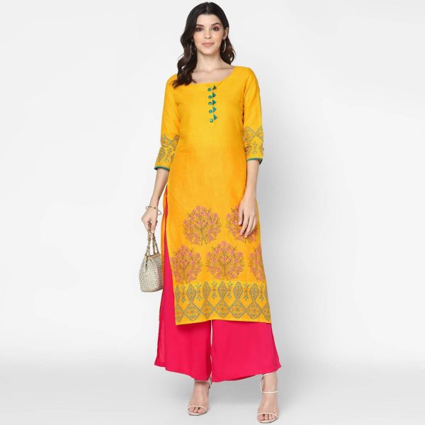 Cheera Hand Block Print Mustard & Magenta Straight Kurta With Palazzo (MAAI-078K) Cheap