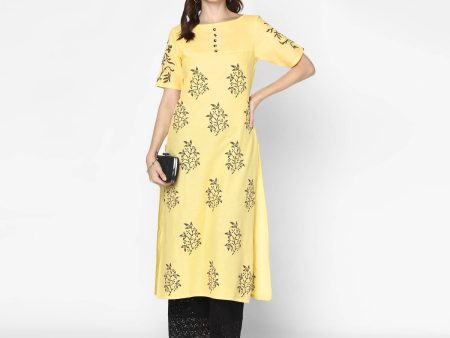 Cheera Hand Block Print Pale Yellow & Black Straight Kurta With Palazzo (MAAI-082K) Sale