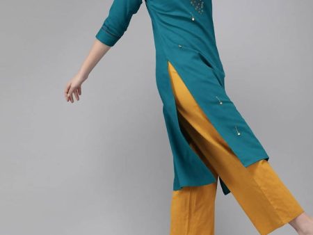 Yufta Women Teal Blue Embroidered straight Kurta Sale