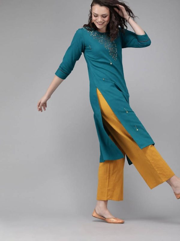 Yufta Women Teal Blue Embroidered straight Kurta Sale