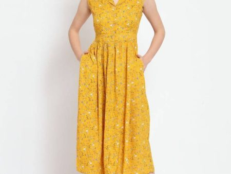 Myshka Women s Mustard Printed Rayon Sleeveless Collar Neck Casual Dress Online