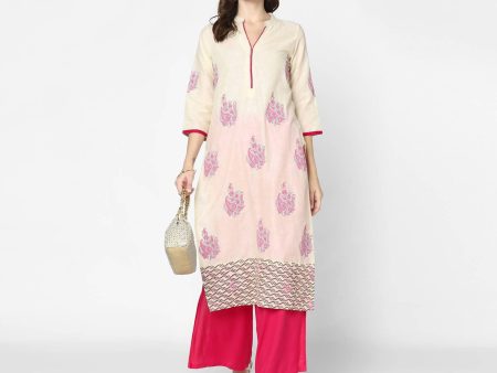 Cheera Hand Block Print Cream & Magenta Straight Kurta With Palazzo (MAAI-087K) Online