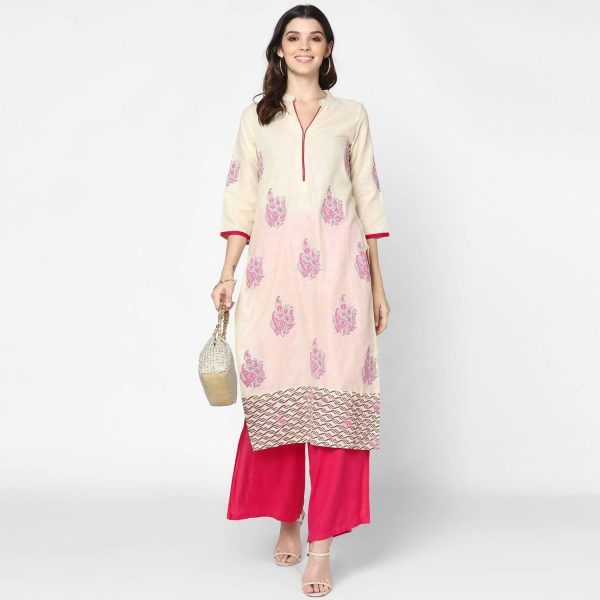 Cheera Hand Block Print Cream & Magenta Straight Kurta With Palazzo (MAAI-087K) Online