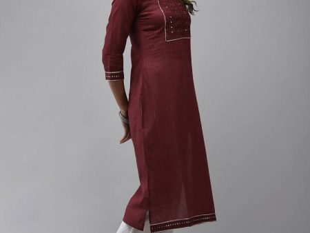 Yufta Women Maroon Yoke Design Mirror Work Cotton Kurta Discount