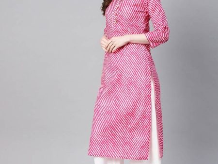 Yufta Women Pink & White Leheriya Print Straight Kurta Fashion