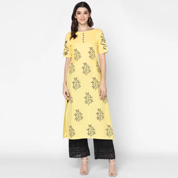 Cheera Hand Block Print Pale Yellow & Black Straight Kurta With Palazzo (MAAI-082K) Sale