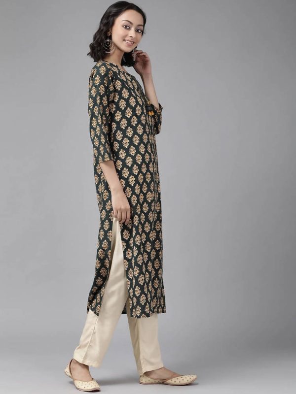 Yufta Women Teal Green & Mustard Yellow Ethnic Printed Pure Cotton Kurta with Palazzo Online Sale