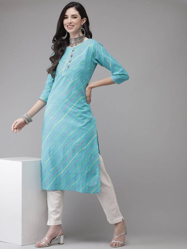 Yufta Women Turquoise Blue & Multicoloured Leheriya Printed Gotta Patti Kurta Online