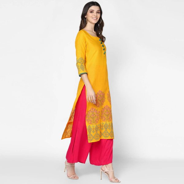 Cheera Hand Block Print Mustard & Magenta Straight Kurta With Palazzo (MAAI-078K) Cheap