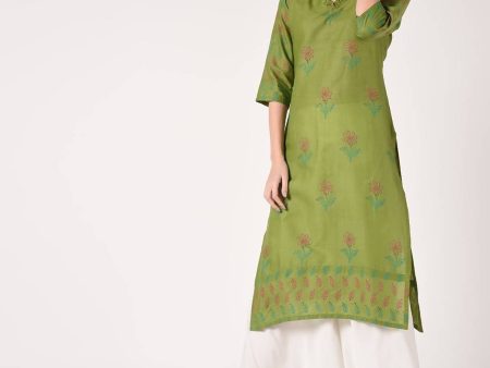 Cheera Hand Block Print Olive green Latest Straight Kurta Online Hot Sale