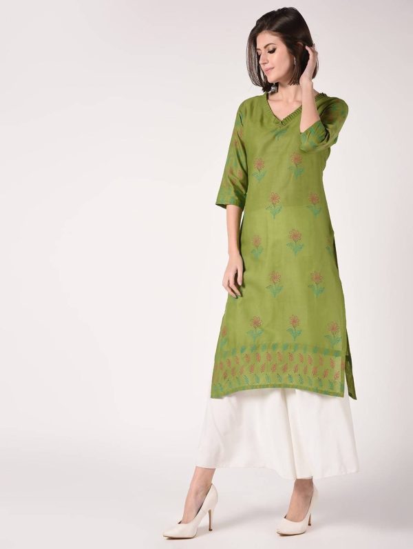 Cheera Hand Block Print Olive green Latest Straight Kurta Online Hot Sale