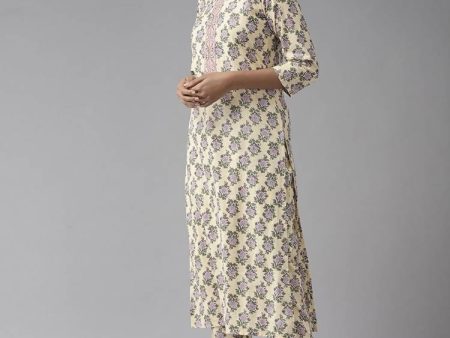 Yufta Women Yellow & Green Floral Handblock Printed Cotton Kurta with Trouser & Dupatta Supply