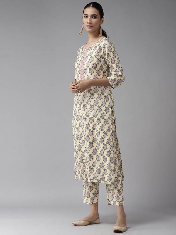 Yufta Women Yellow & Green Floral Handblock Printed Cotton Kurta with Trouser & Dupatta Supply