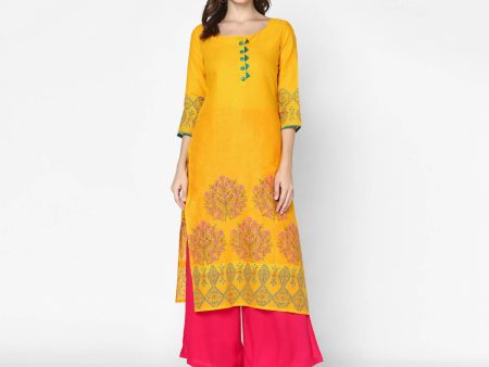 Cheera Hand Block Print Mustard & Magenta Straight Kurta With Palazzo (MAAI-078K) Cheap