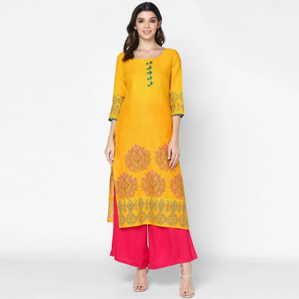 Cheera Hand Block Print Mustard & Magenta Straight Kurta With Palazzo (MAAI-078K) Cheap