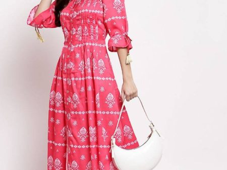 Myshka Women s Pink Cotton Printed 3 4 Sleeve Round Neck Casual Dress Fashion