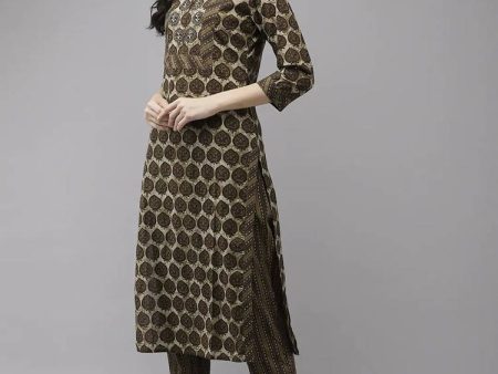 Yufta Women Olive Green Regular Pure Cotton Kurta with Palazzo & With Dupatta Fashion