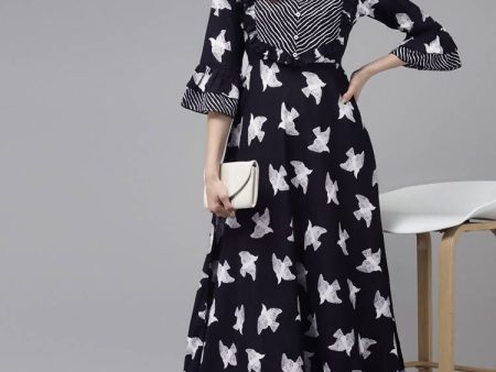 Yufta Black & White Pure Cotton Bird Print Maxi Flared Dress Supply