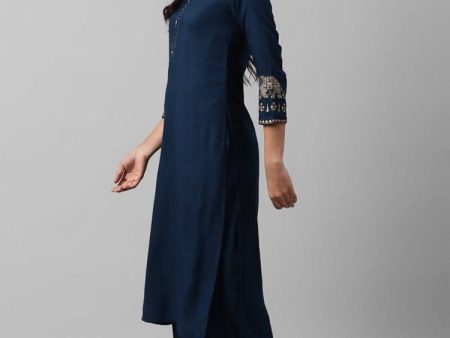 Yufta Women Navy Blue And Golden Pure Cotton Solid Kurta with Palazzo and Dupatta Online now