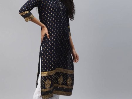 Yufta Women Navy Blue Golden Print Kurta Hot on Sale