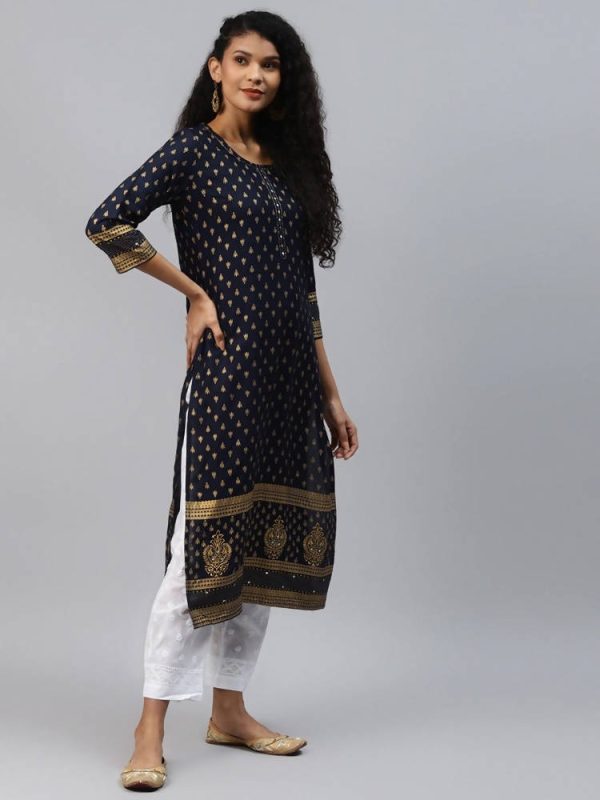 Yufta Women Navy Blue Golden Print Kurta Hot on Sale