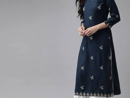 Yufta Women Navy Blue & White Embroidered Kurta with Palazzo & Dupatta Online now