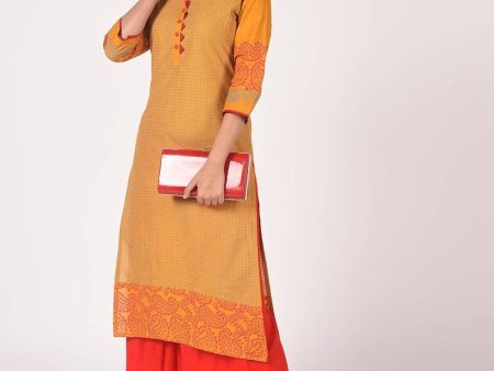 Cheera Hand Block Print Mustard With Red Color Combination Straight Kurta Discount