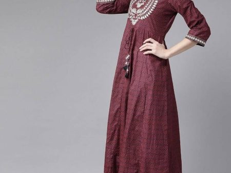 Yufta Women Maroon Geometric Printed Bell Sleeves Mirror Work Cotton Kurta Supply