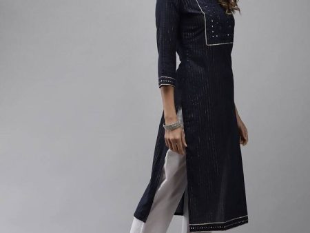 Yufta Women Navy Blue Yoke Design Mirror Work Cotton Kurta Supply