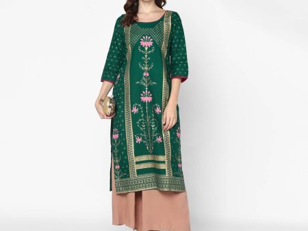 Cheera Hand Block Print Green & Skin Color Straight Kurta With Palazzo (MAAI-089K) For Sale