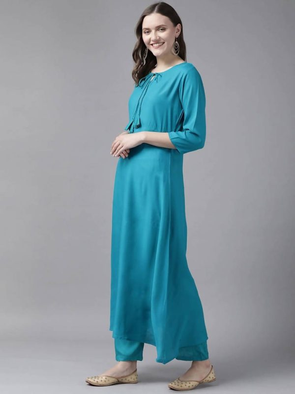 Yufta Women Teal Blue Solid Kurta with Trouser and Dupatta Online