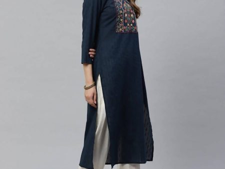 Yufta Women Navy Blue & Off-White Dobby Weaved Kurta with Trouser & Dupatta For Discount