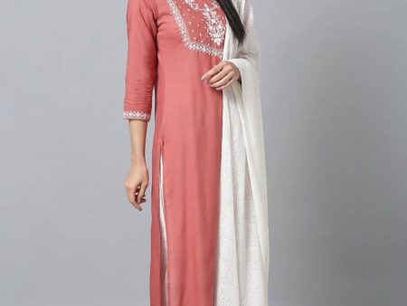 Yufta Women Pink & White Yoke Design Kurta with Palazzo & Dupatta Online Hot Sale