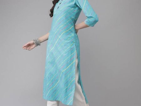 Yufta Women Turquoise Blue & Multicoloured Leheriya Printed Gotta Patti Kurta Online