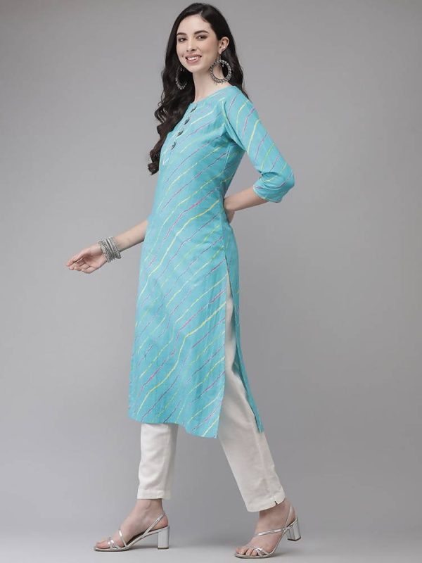 Yufta Women Turquoise Blue & Multicoloured Leheriya Printed Gotta Patti Kurta Online