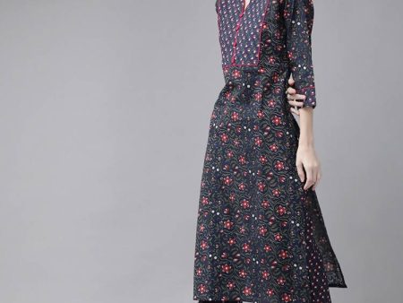 Yufta Women Navy Blue & Pink Ethnic Motifs Printed Pure Cotton Kurta with Trouser Discount