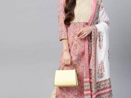 Yufta Women Pink & Yellow Handblock Printed Pure Cotton Kurta with Trouser & Dupatta Cheap