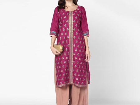 Cheera Hand Block Print Purple & Skin Color Straight Kurta With Palazzo (MAAI-075K) For Sale