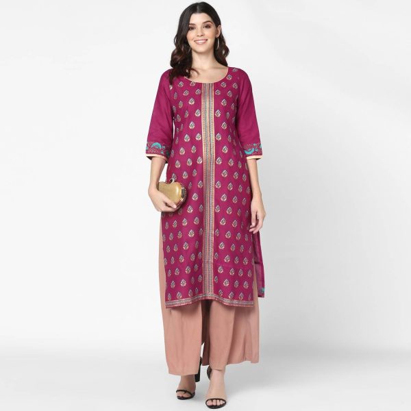 Cheera Hand Block Print Purple & Skin Color Straight Kurta With Palazzo (MAAI-075K) For Sale