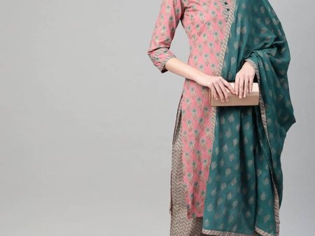 Yufta Women Pink & Blue Printed Kurta with Palazzo & Dupatta Online Hot Sale