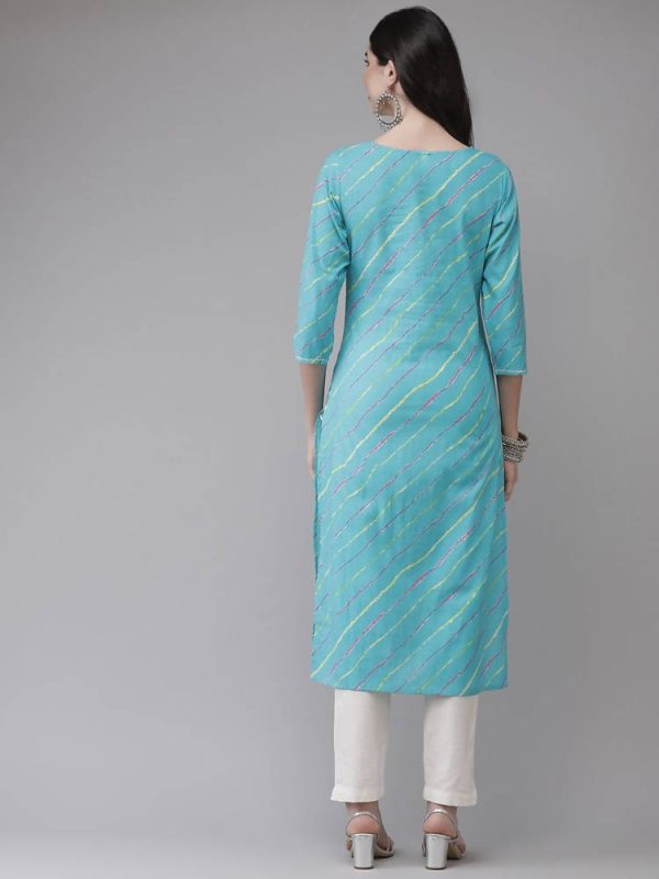 Yufta Women Turquoise Blue & Multicoloured Leheriya Printed Gotta Patti Kurta Online