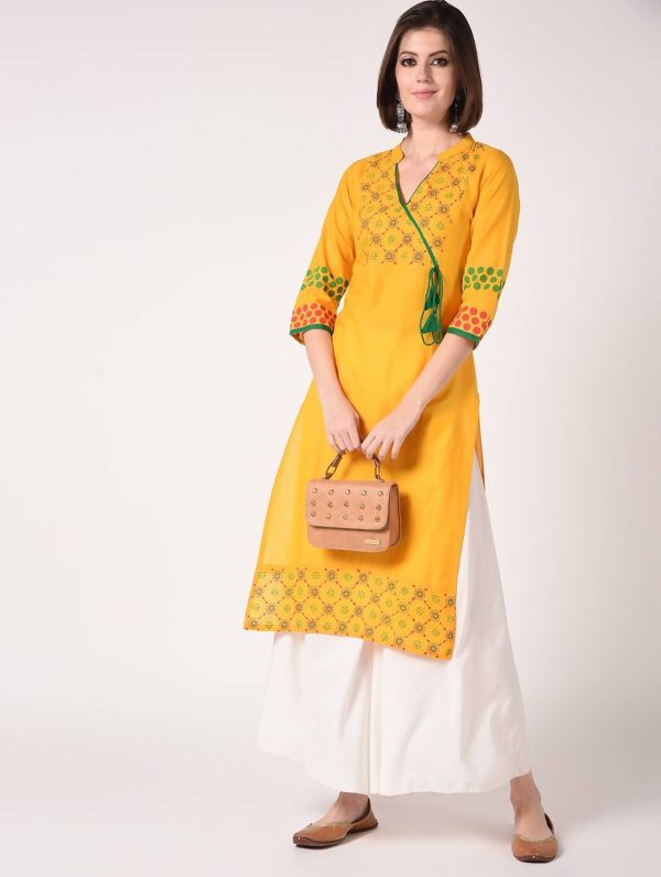 Cheera Hand Block print Mustard & White straight Kurta with Palazzo Sale