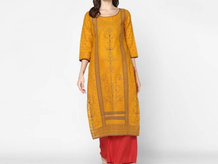 Cheera Hand Block Print Mustard & Red Straight Kurta With Palazzo (MAAI-071K) Fashion