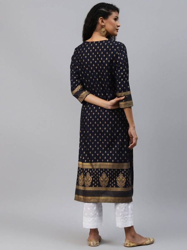 Yufta Women Navy Blue Golden Print Kurta Hot on Sale