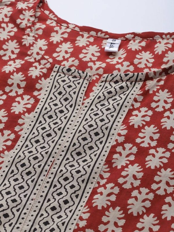 Yufta Women Rust Red and Beige Print Pure Cotton Kurta with Trouser and Dupatta Online now