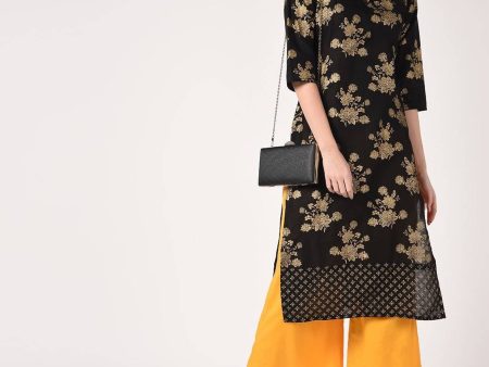 Cheera Hand Block Print straight Black & Mustard Kurta with Palazzo Discount